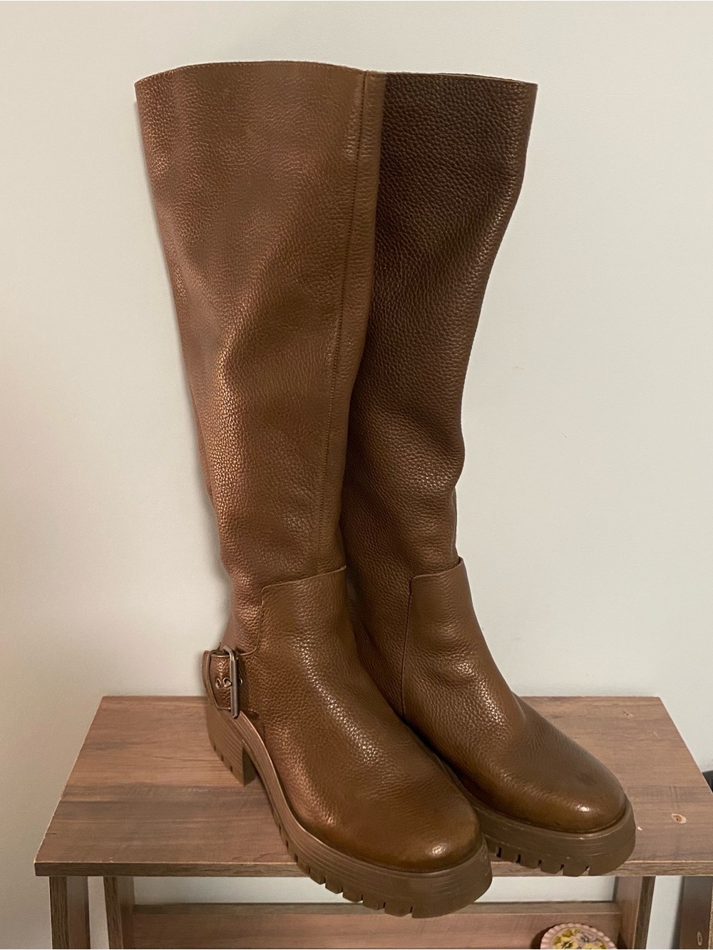 WORN ONCE Franco Sarto Knee High Leather Boots Womens 8.5 Brown Block Heel Chunk